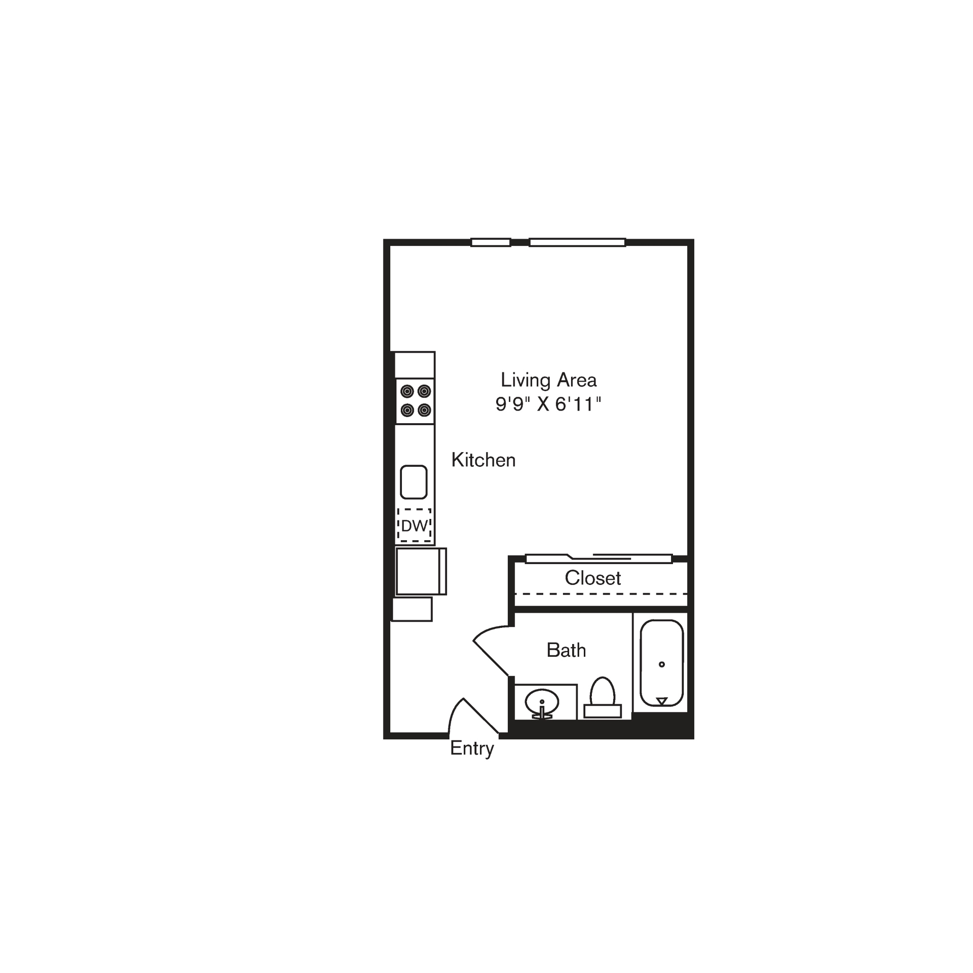 Floor plan for studio, 1 bath, 408 sqft
